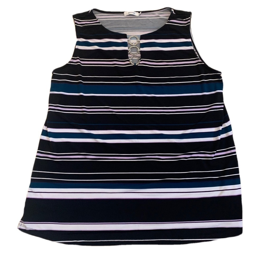 ⚡️Ricki's Black/White/Purple/Blue Striped Sleeveless Top with Ring Detail - XL